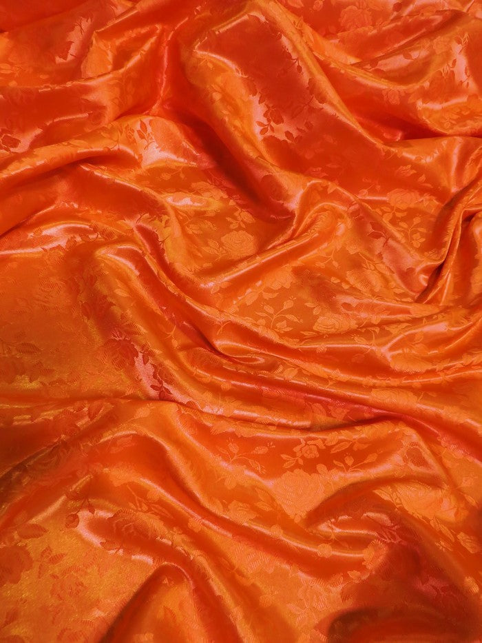 Floral Rose Jacquard Satin Fabric / Neon Orange / Sold By The Yard