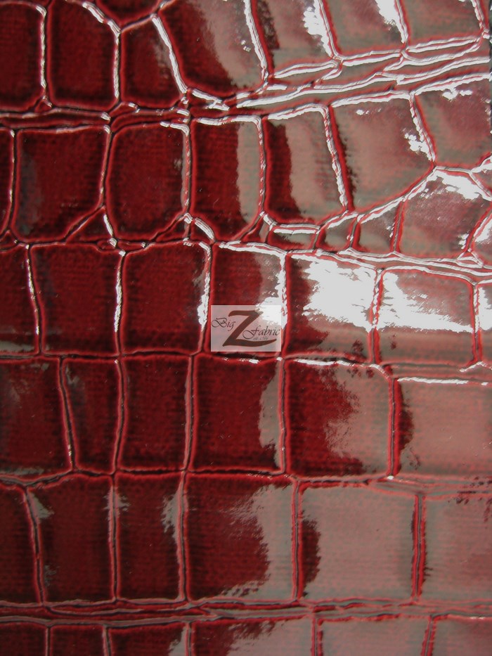 Vinyl Faux Fake Leather Pleather Embossed Shiny Alligator Fabric / Burgundy / By The Roll - 30 Yards