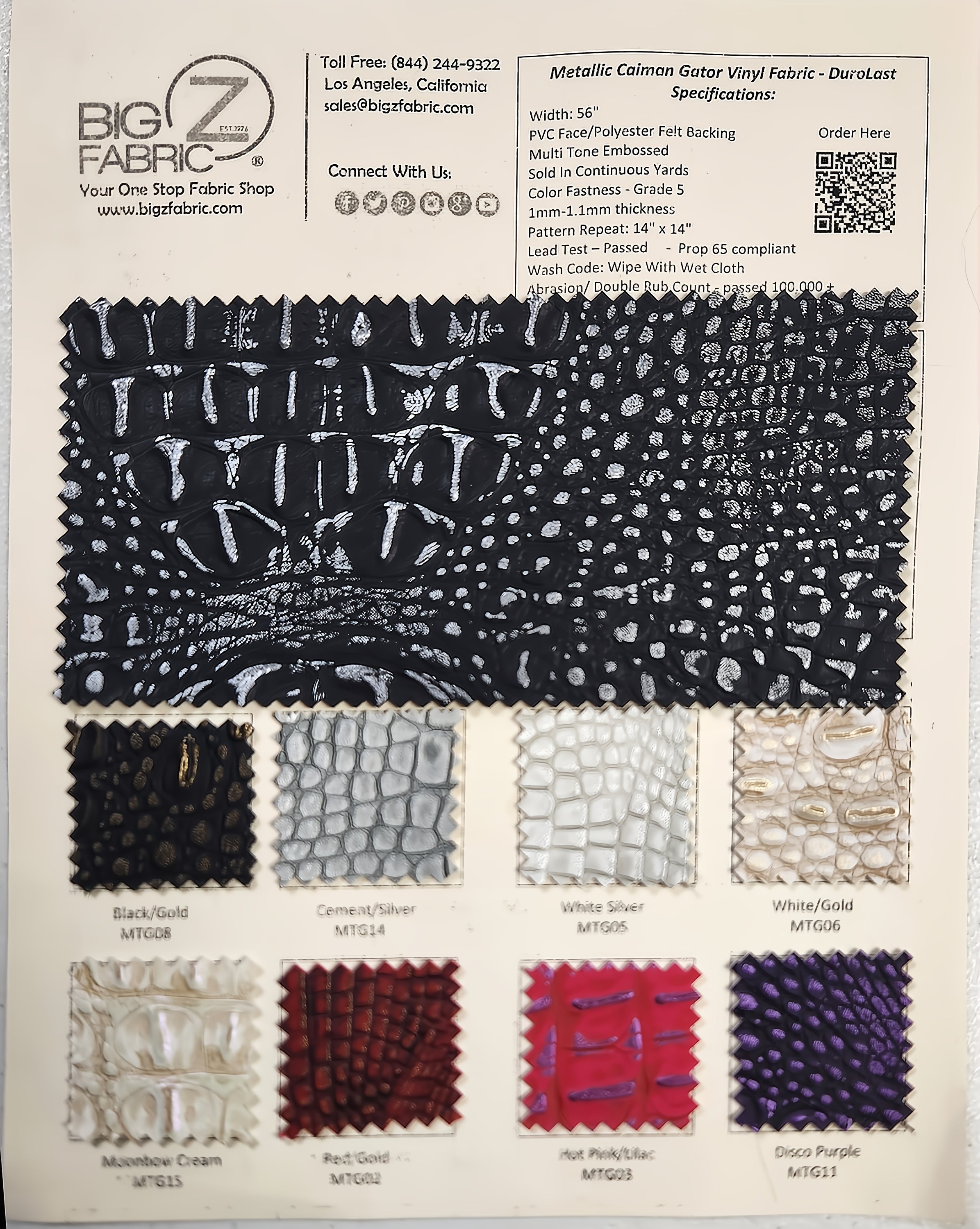 Metallic Caiman Gator Vinyl Color Card | Luxurious Faux Gator Skin