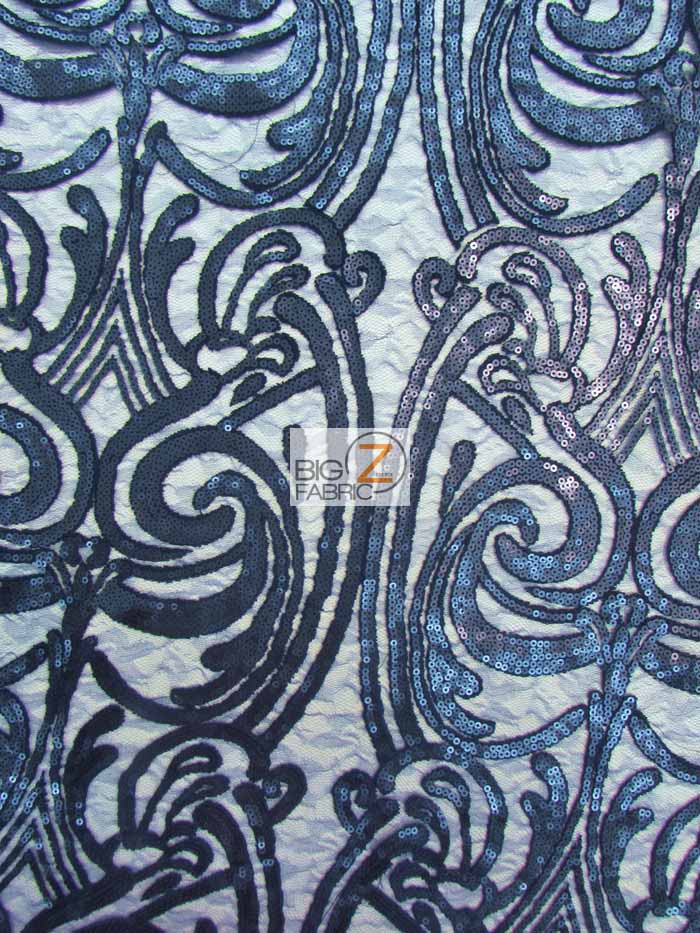 Angel Damask Sequins Sheer Lace Fabric / Navy Blue / Sold By The Yard (SECOND QUALITY GOODS)