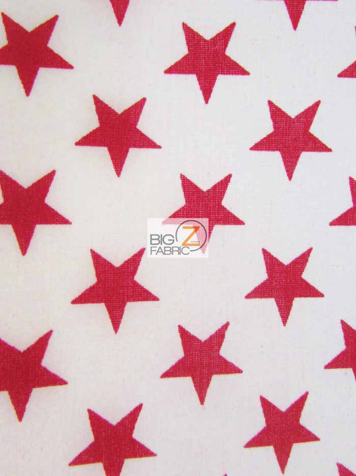 American Stars Poly Cotton Fabric / White/Red Stars / Sold By The Yard