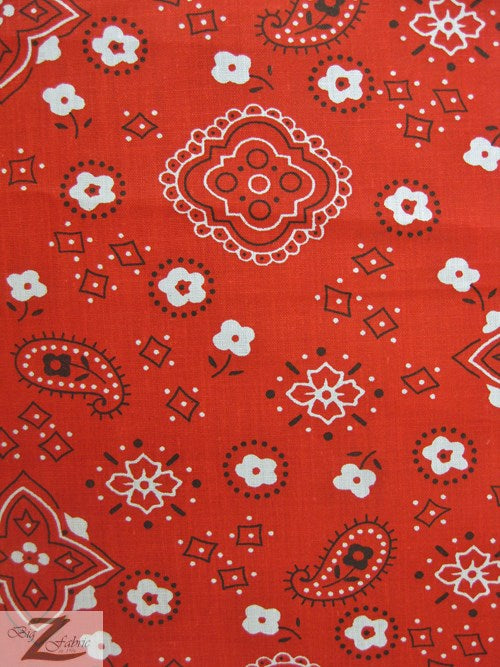 Poly Cotton Printed Fabric Paisley Bandana / Red / Sold By The Yard