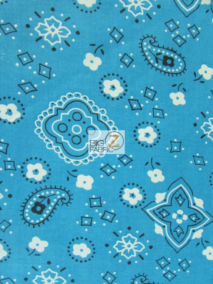 Poly Cotton Printed Fabric Paisley Bandana / Turquoise / Sold By The Yard