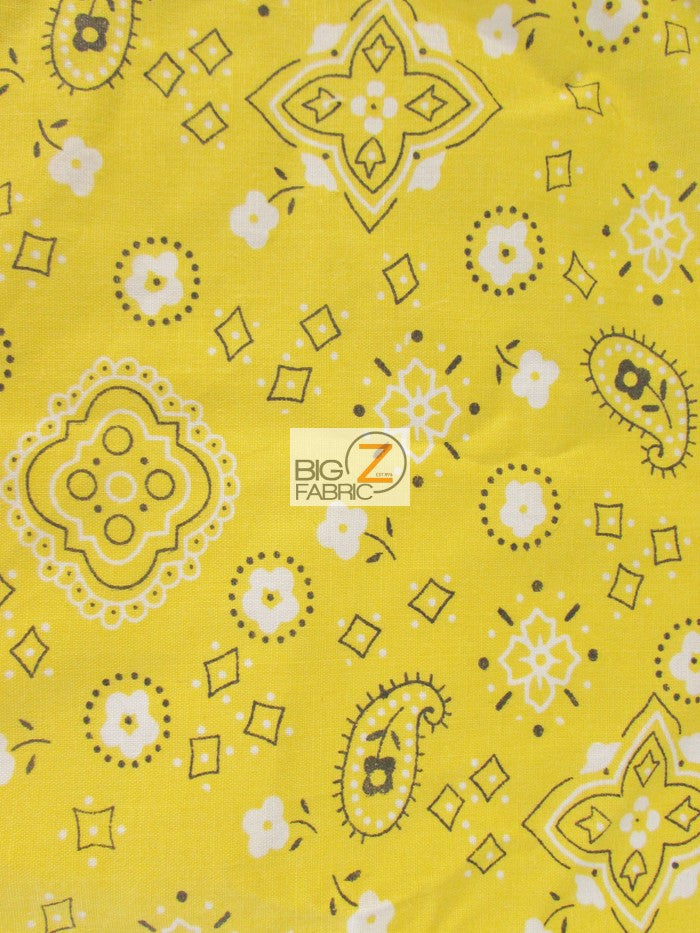 Poly Cotton Printed Fabric Paisley Bandana / Yellow / Sold By The Yard