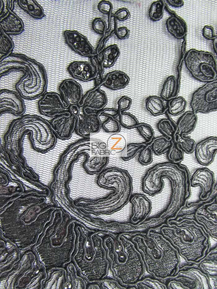 Cinderella Floral Sequins Lace Fabric / Black / Sold By The Yard (SECOND QUALITY GOODS)