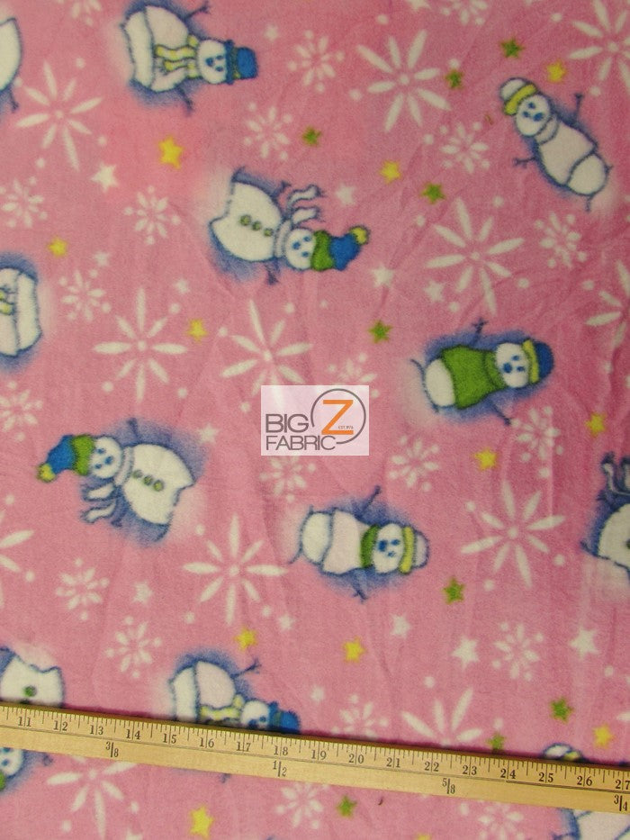 Fleece Printed Fabric Christmas Holiday / Snowman Pink / Sold By The Yard