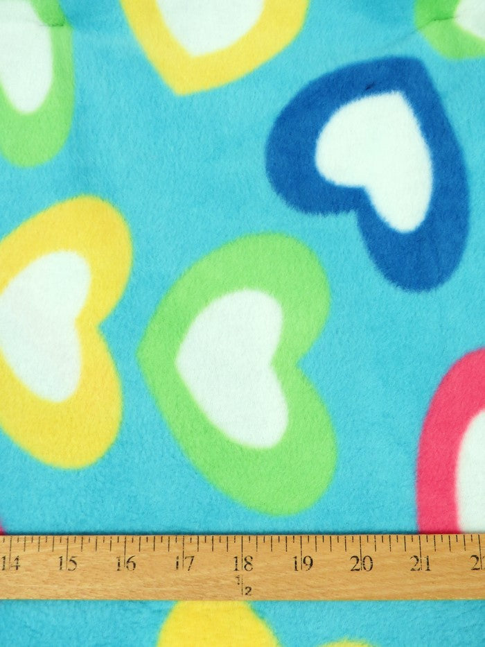 Fleece Printed Fabric / Rainbow Love Hearts Turquoise / Sold By The Yard