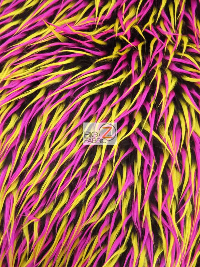 Pink Yellow on Black 3 Tone Spiked Shaggy Long Pile Faux Fur Fabric / Sold by The Yard