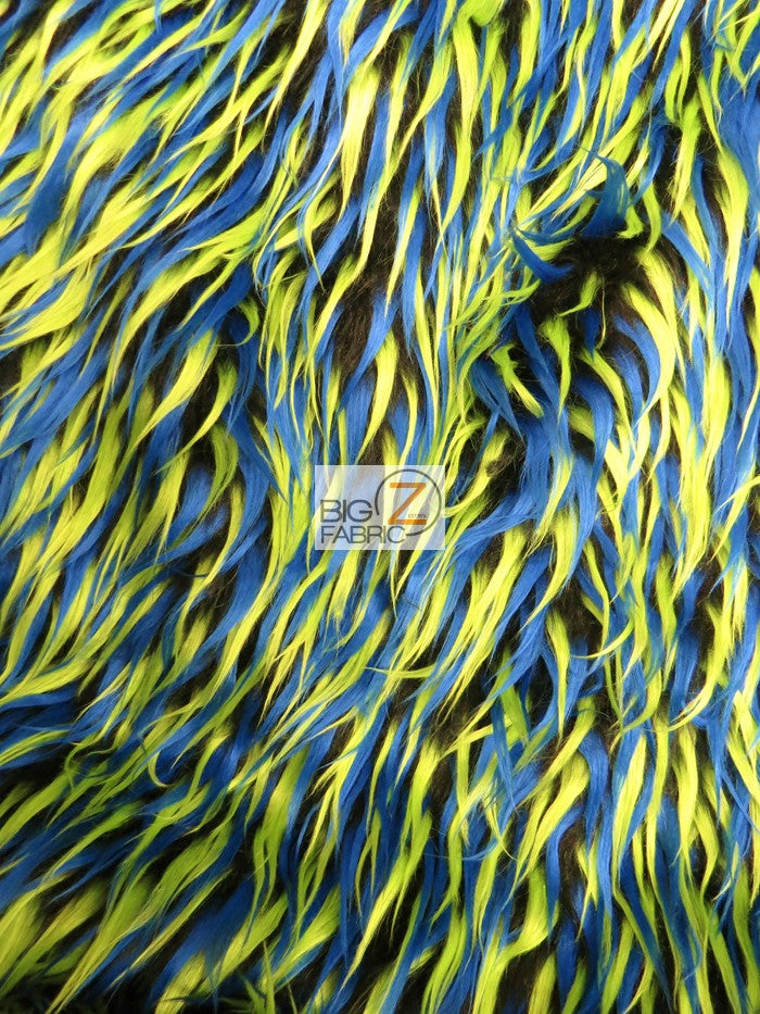 Lime Green Blue on Black 3 Tone Spiked Shaggy Long Pile Faux Fur Fabric / Sold by The Yard