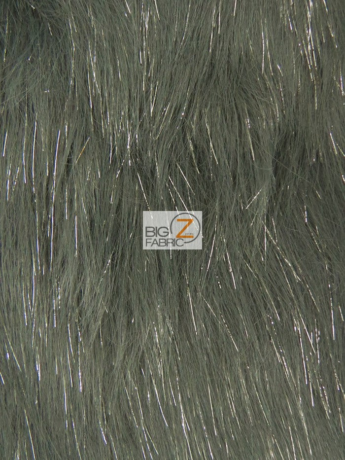 Gray Solid Shiny Tinsel Long Pile Faux Fur Fabric / Sold By The Yard
