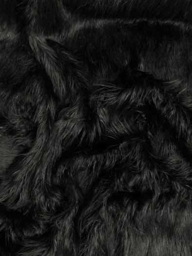 Black Solid Mongolian Long Pile Faux Fur Fabric / Sold By The Yard