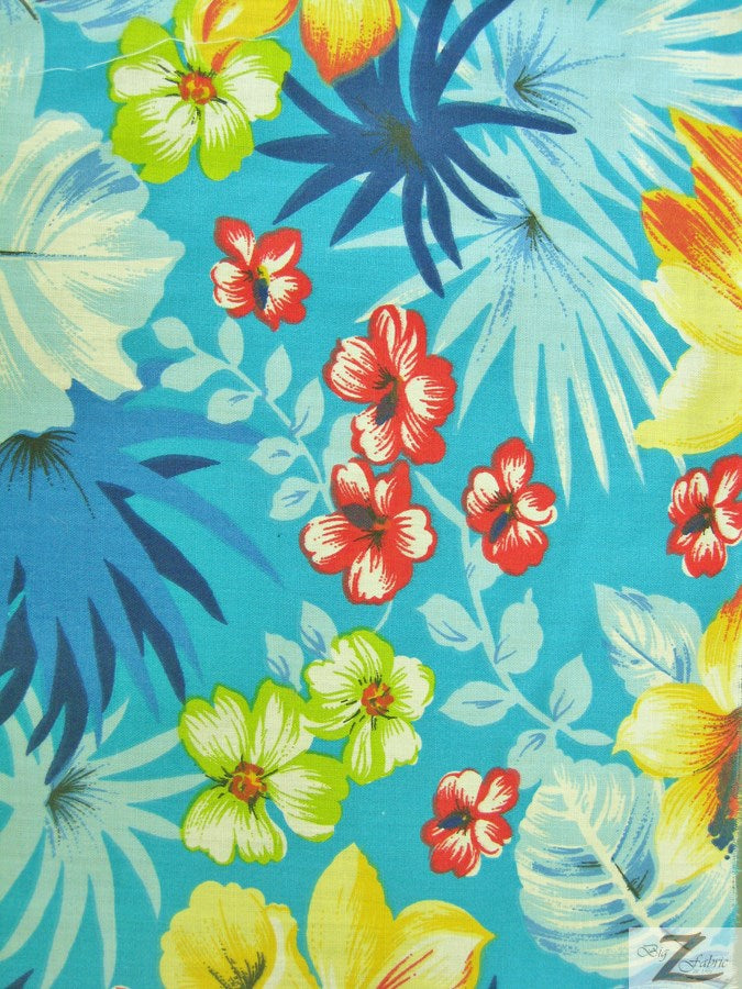 Poly Cotton Printed Fabric Flower Mix / Turquoise / Sold By The Yard