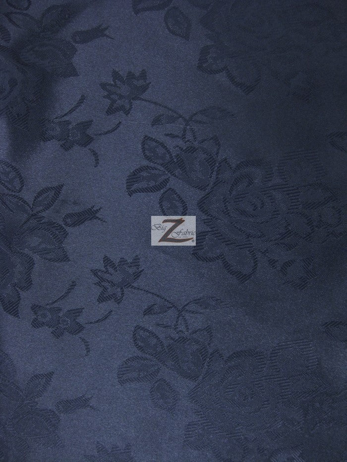 Floral Rose Jacquard Satin Fabric / Navy / Sold By The Yard