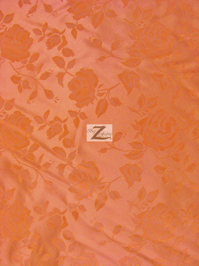 Floral Rose Jacquard Satin Fabric / Orange / Sold By The Yard