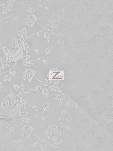 Floral Rose Jacquard Satin Fabric / Silver / Sold By The Yard