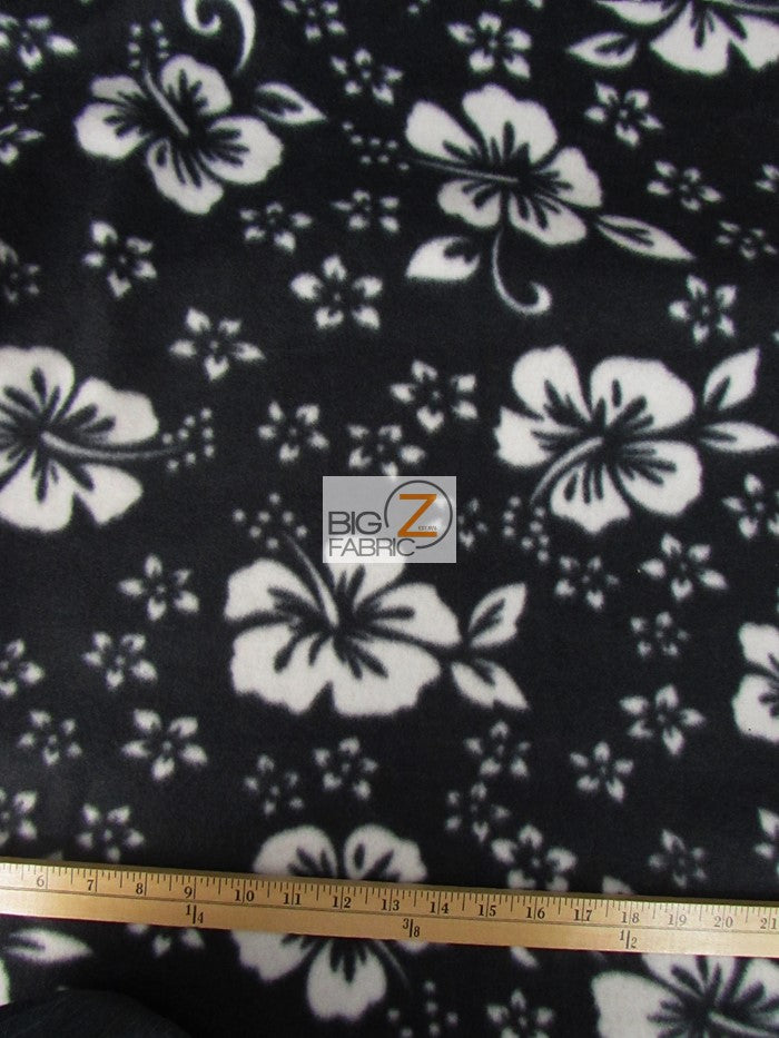 Fleece Printed Fabric Flower Hawaiian / Black / Sold By The Yard