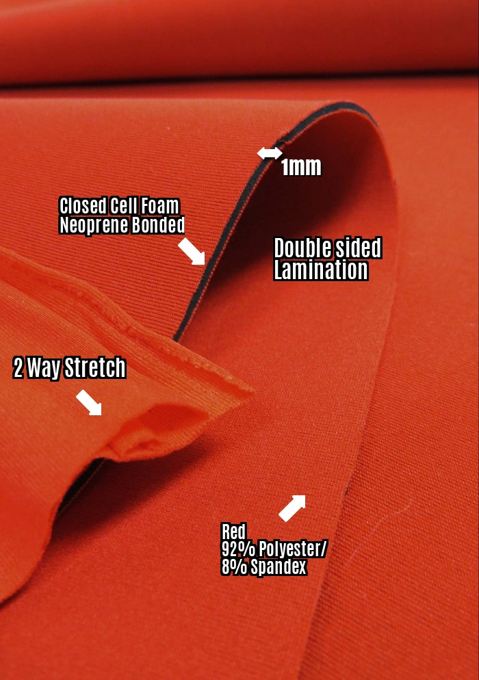 Neoprene Bonded Sponge Waterproof Wetsuit Fabric / 1mm Red / Sold By The Foot