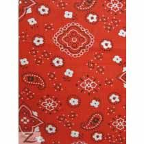 Poly Cotton Printed Fabric Paisley Bandana / Red / 50 Yard Bolt