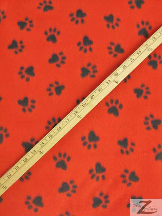 Fleece Printed Fabric Animal Paw / Red/Black Paws / Sold By The Yard