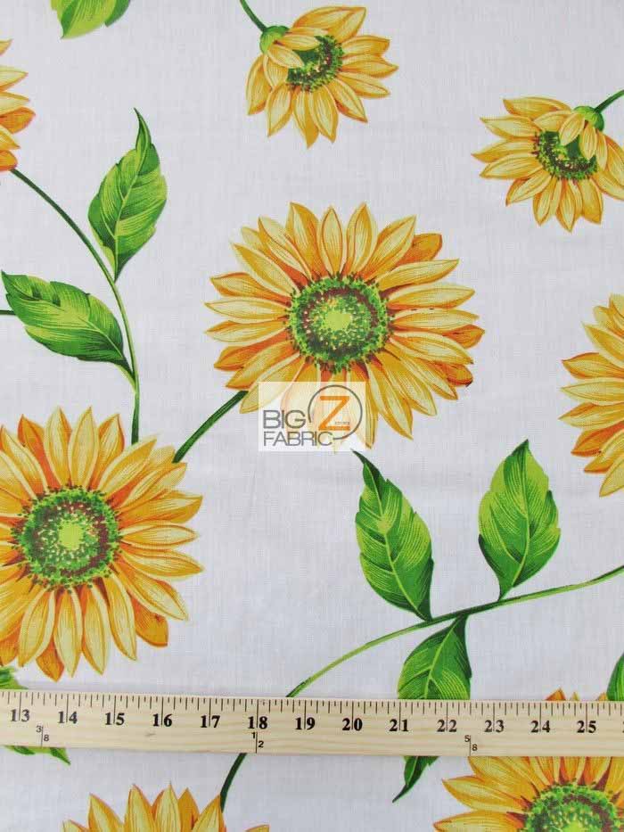 Poly Cotton Printed Fabric Sunflower Flower / White / Sold By The Yard