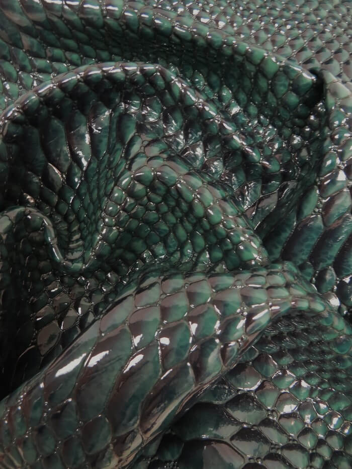 Shiny 3D Serpent Snake Embossed Vinyl Fabric / Samurai Green / By The Roll - 30 Yards