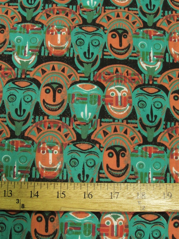 African Cultural Masks Printed Poly Cotton Fabric / Multi-Green / Sold By The Yard