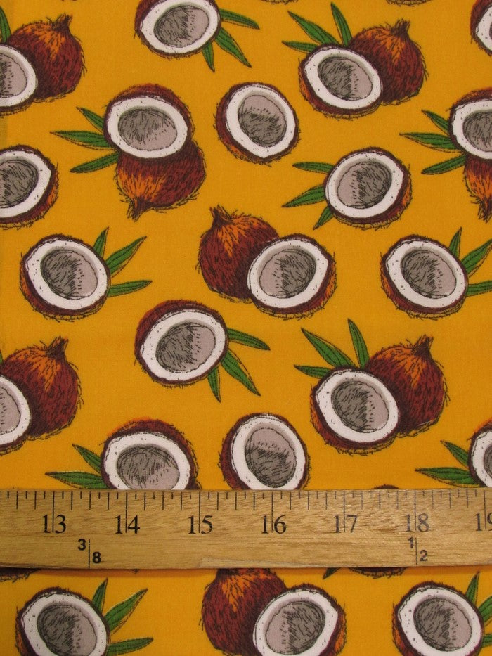Poly Cotton Printed Fabric Fruit Coconut / Canary Yellow / Sold By The Yard