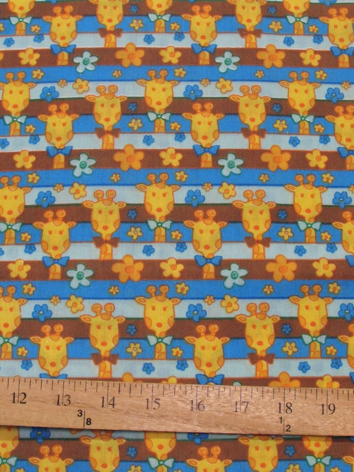Animal Giraffes Printed Poly Cotton Fabric / Blue / Sold By The Yard