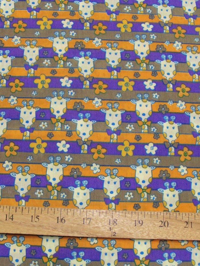 Animal Giraffes Printed Poly Cotton Fabric / Purple / Sold By The Yard