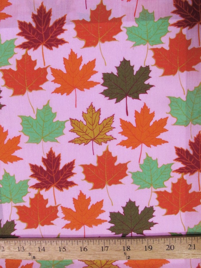 Autumn Leaves Printed Poly Cotton Fabric / Pink / Sold By The Yard