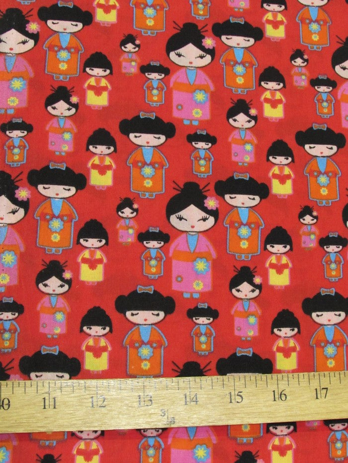 Oriental Geisha Cultural Printed Poly Cotton Fabric / Red / Sold By The Yard