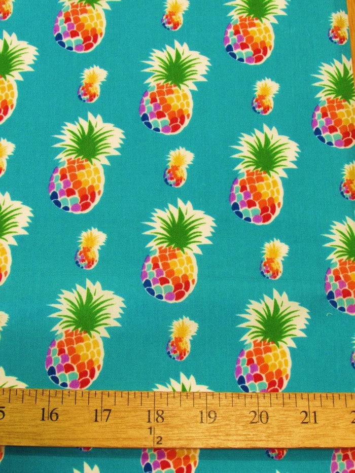 Poly Cotton Printed Fabric Fruit Pineapple / Turquoise / Sold By The Yard