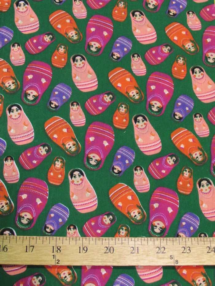 Russian Matryoshka Doll Printed Poly Cotton Fabric / Green / Sold By The Yard