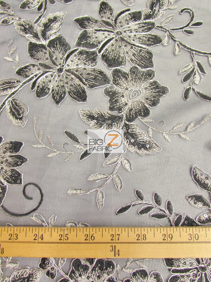 2 Tone Metallic Carnation Floral Sequins Fabric / Mint/White / Sold By The Yard