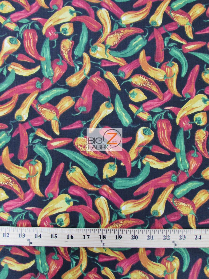 Poly Cotton Printed Fabric Vegetable Pepper / Black / Sold By The Yard
