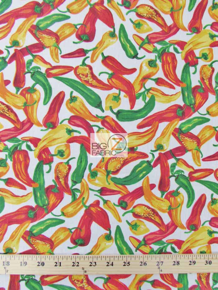 Poly Cotton Printed Fabric Vegetable Pepper / White / Sold By The Yard