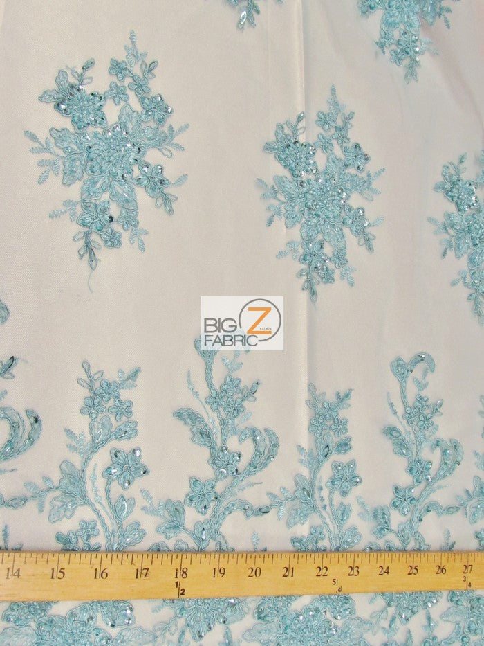 Vintage Italian Floral Beaded Sequins Fabric / Aqua / Sold By The Yard