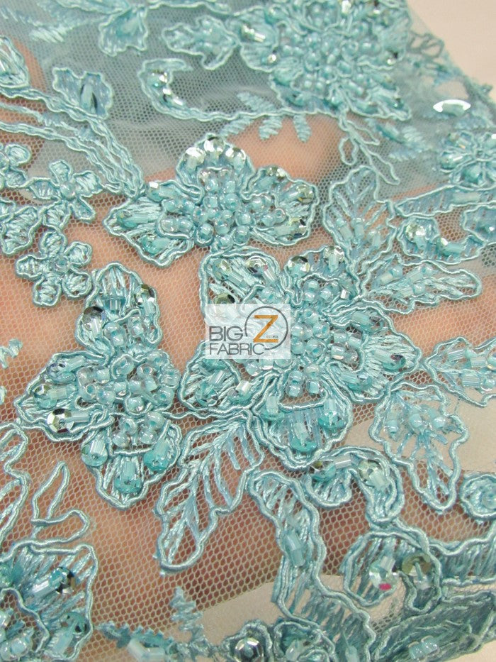 Vintage Italian Floral Beaded Sequins Fabric / Aqua / Sold By The Yard