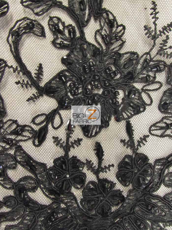 Vintage Italian Floral Beaded Sequins Fabric / Black / Sold By The Yard