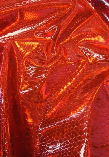 Viper Snake Holographic Embossed PVC Vinyl Fabric / Red / Sold By The Yard