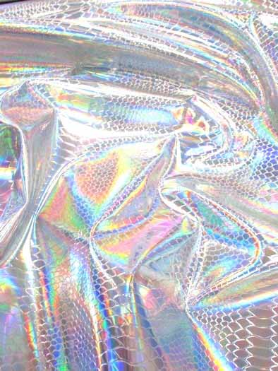 Viper Snake Holographic Embossed PVC Vinyl Fabric / Silver / Sold By The Yard