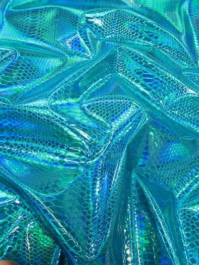 Viper Snake Holographic Embossed PVC Vinyl Fabric / Turquoise / Sold By The Yard