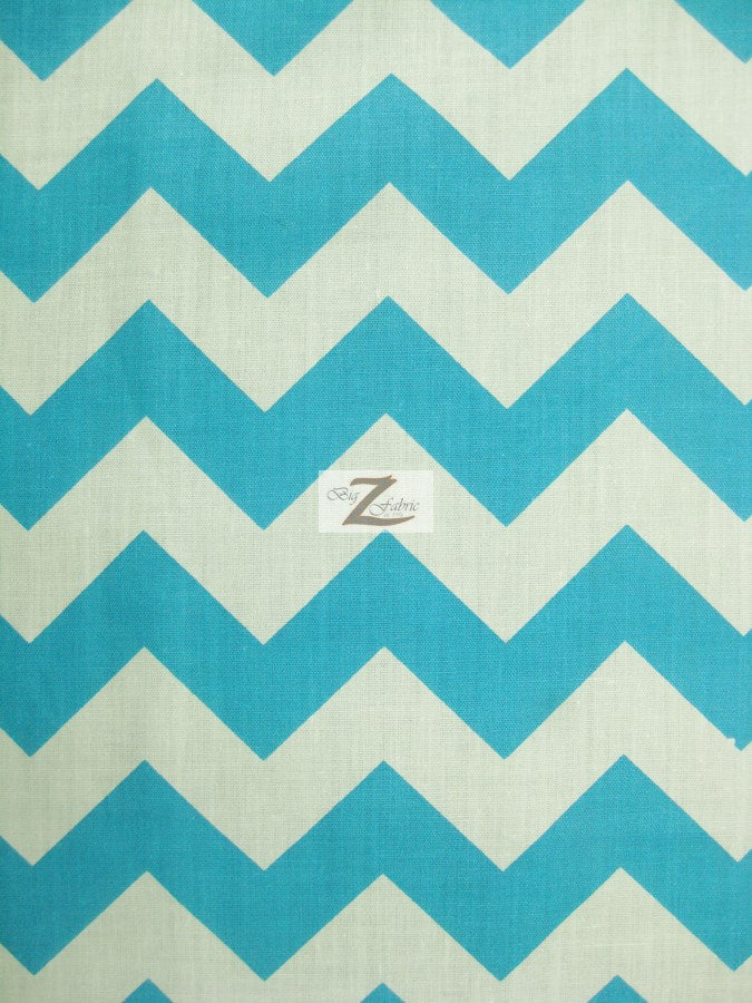Poly Cotton Fabric 1" Zig Zag Chevron / White/Turquoise / Sold By The Yard