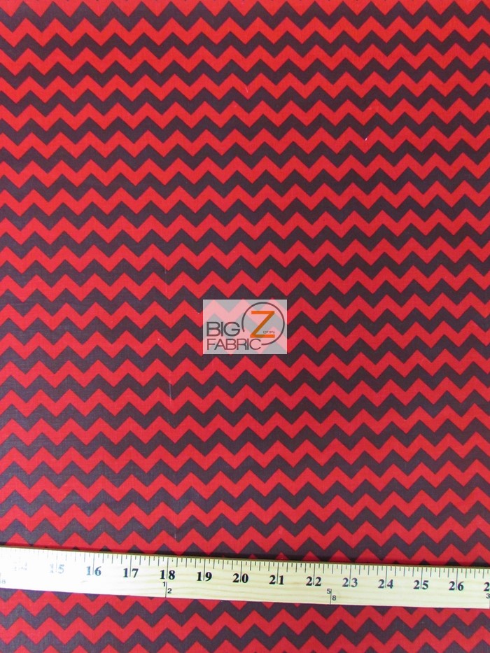 Poly Cotton Fabric .4" Zig Zag Chevron / Black/Red / Sold By The Yard
