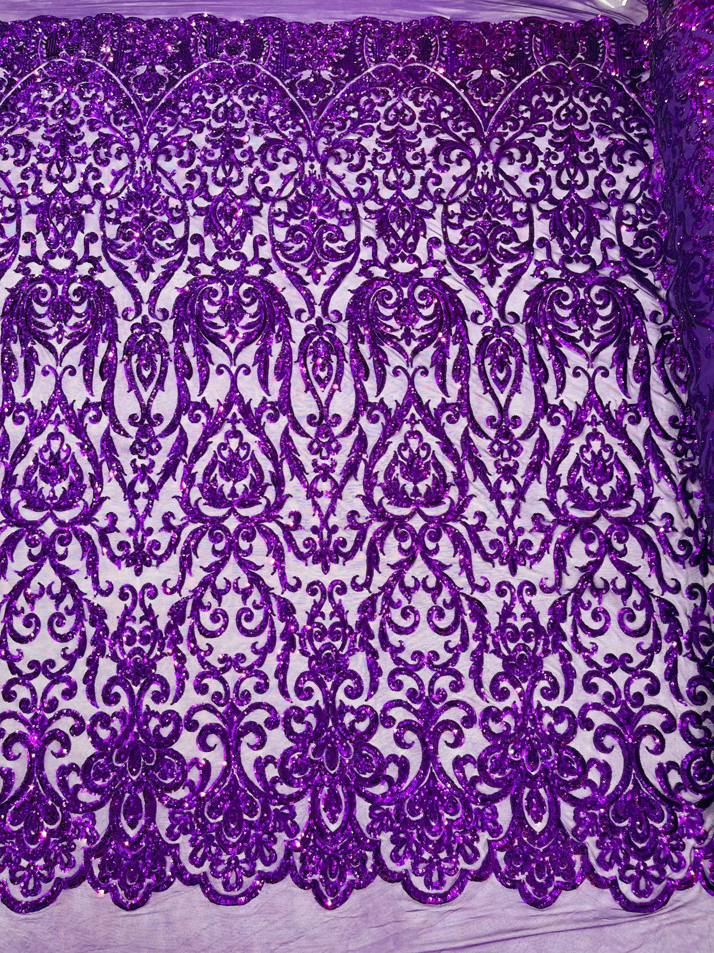 King Damask Sequin on Stretch Mesh Fabric / Sold by the Yard