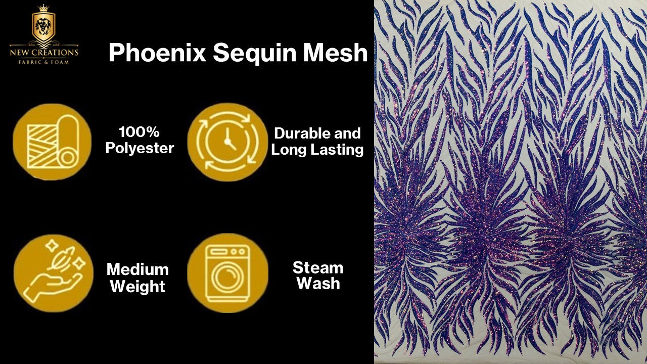 Phoenix Feather Sequin Stretch Mesh Fabric / Sold by the Yard