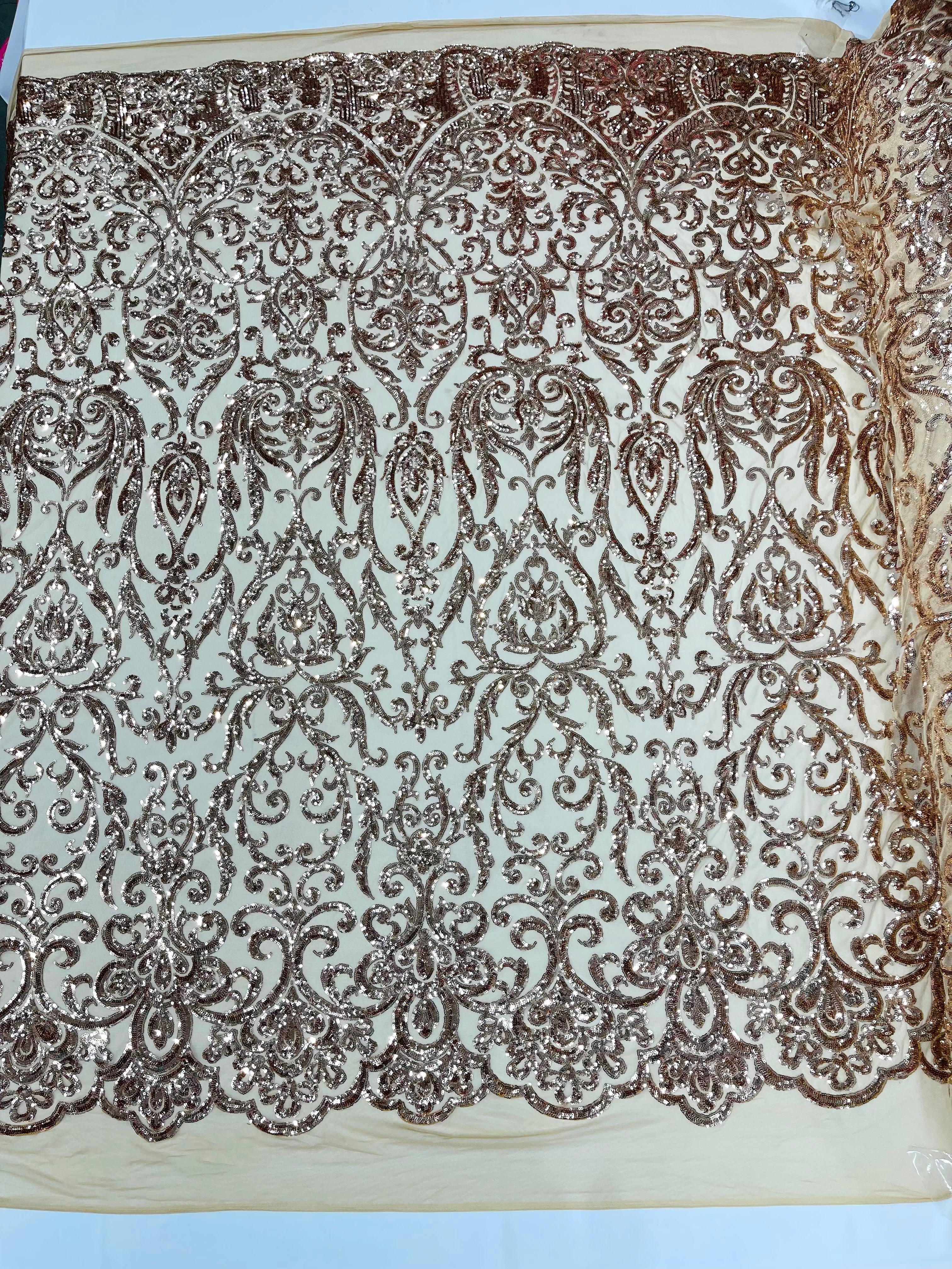 King Damask Sequin on Stretch Mesh Fabric / Sold by the Yard