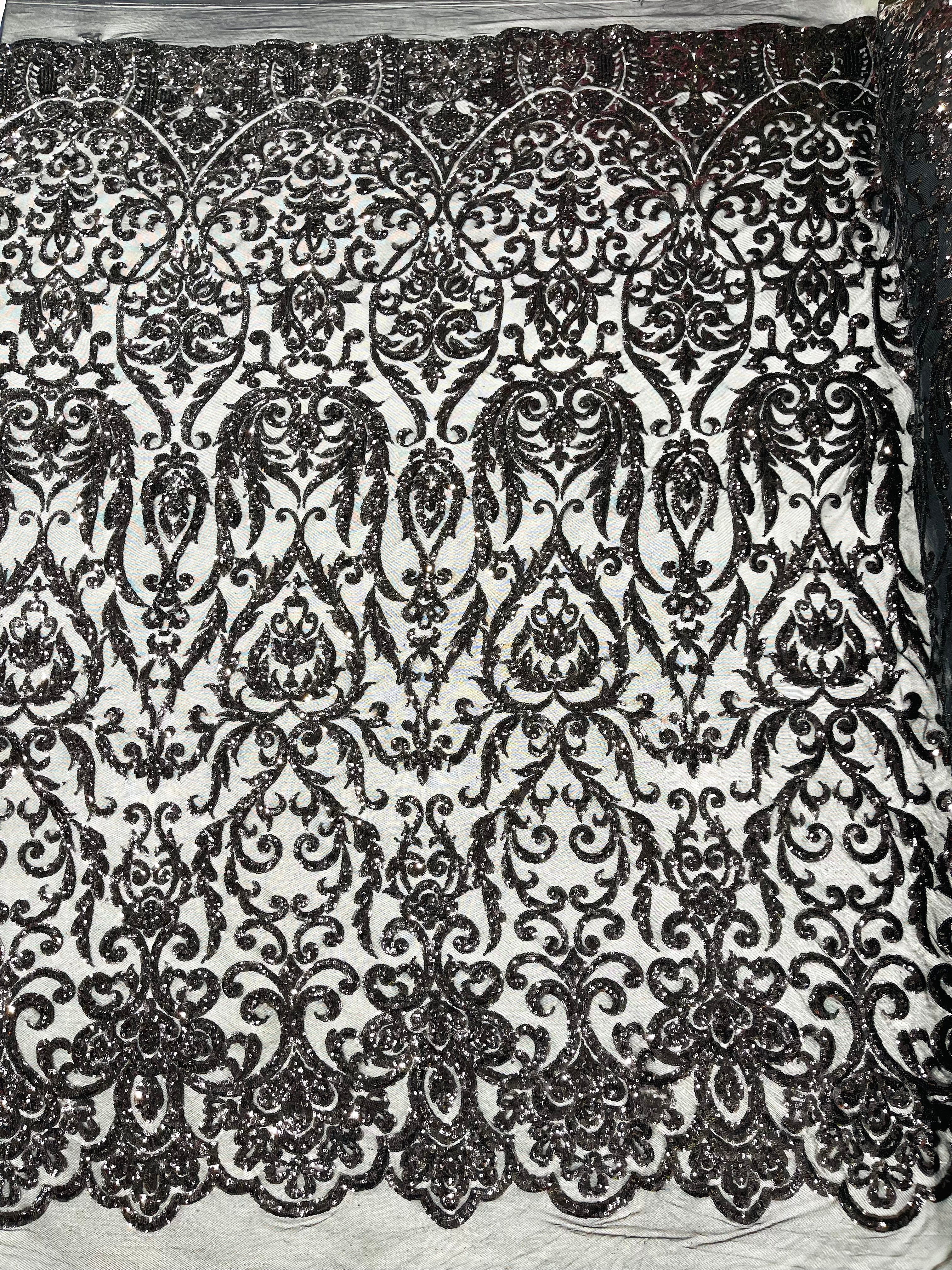 King Damask Sequin on Stretch Mesh Fabric / Sold by the Yard