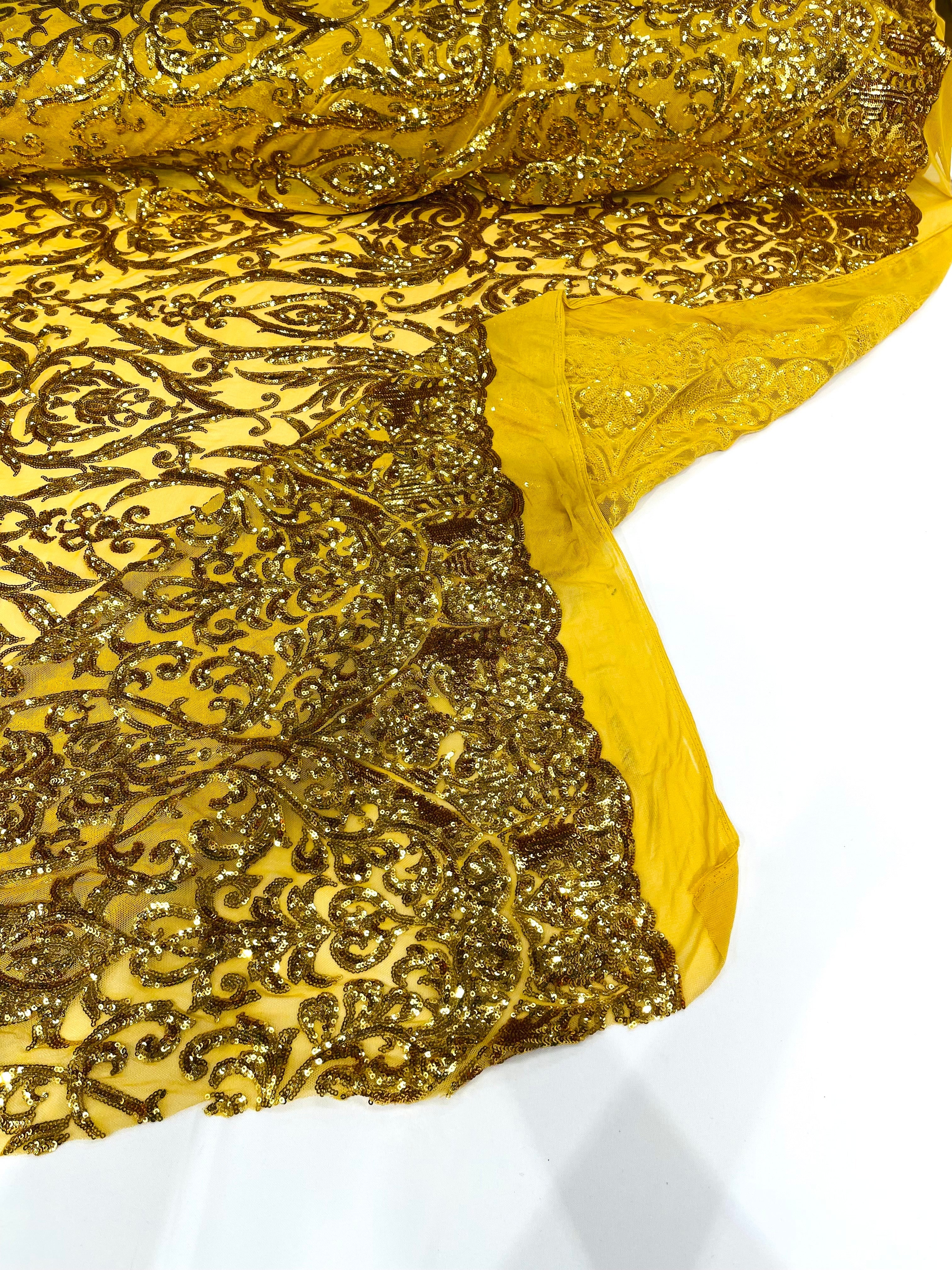 King Damask Sequin on Stretch Mesh Fabric / Sold by the Yard