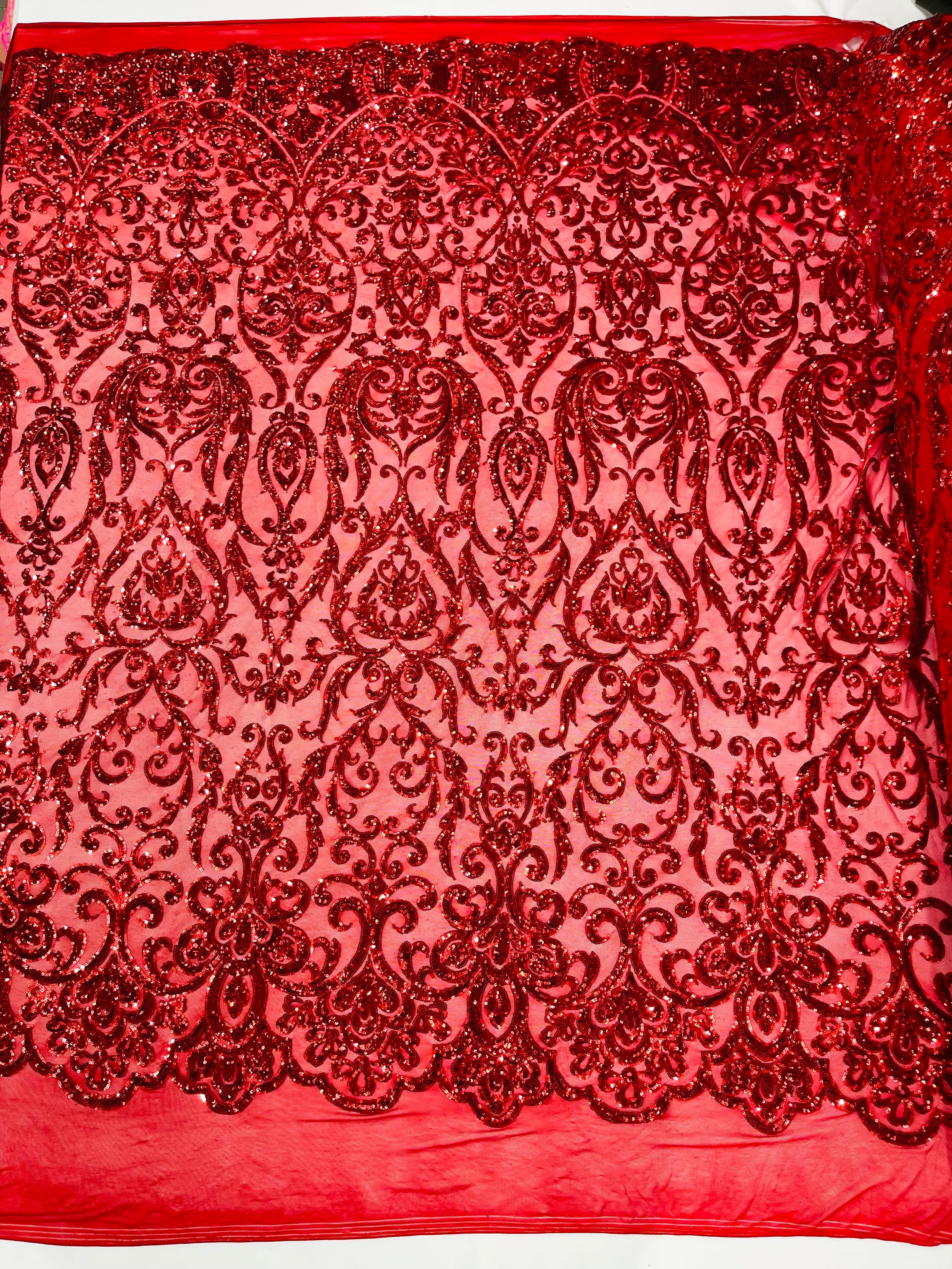 King Damask Sequin on Stretch Mesh Fabric / Sold by the Yard